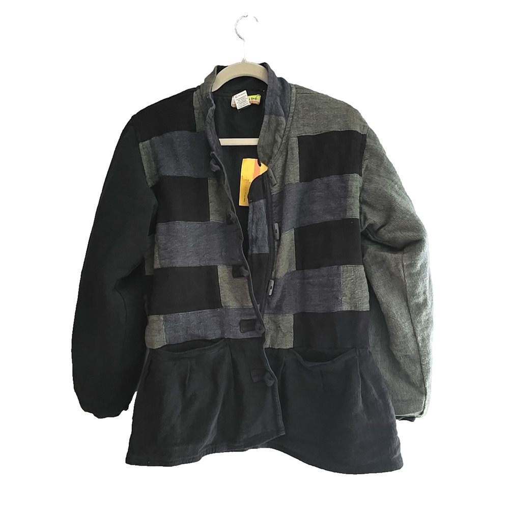 NWT Tribe Black Patchwork Canvas Button‎ Front Long Sleeve Jacket Womans Size XL